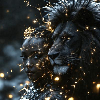 The primary subject of the image is a woman with a crown of gold stars on her head. She is standing next to a lion, which is the setting/background of the scene. The visual style of the image is a combination of a photo and digital art, creating a unique and eye-catching representation of the woman and the lion. The colors and mood of the image are predominantly gold and warm, giving the scene a sense of elegance and power.